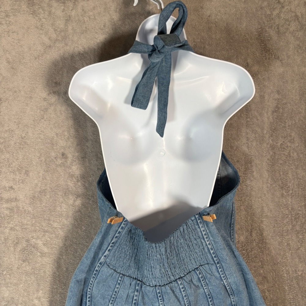 Maeve Anthropologie Blue Denim Halter Dress Floral Embroidered Smocked XL Boho - Picture 8 of 16
